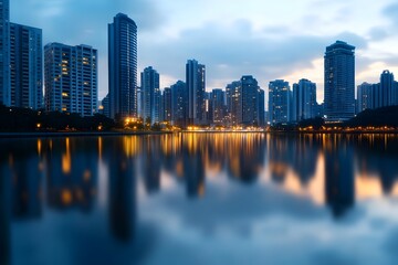 Obraz premium Mesmerizing Glowing Cityscape Reflected in Tranquil River at Dusk with Impressive High Rise Architecture