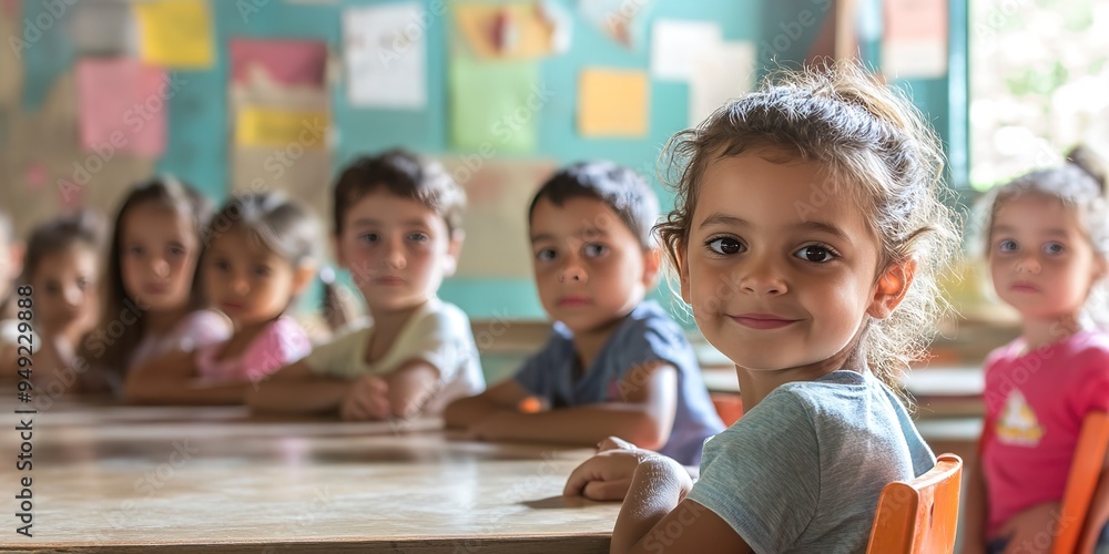 Poster a group of children are sitting at a table in a classroom
