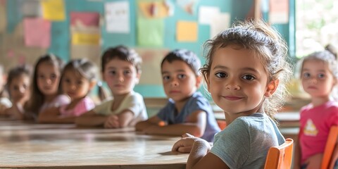 A group of children are sitting at a table in a classroom 