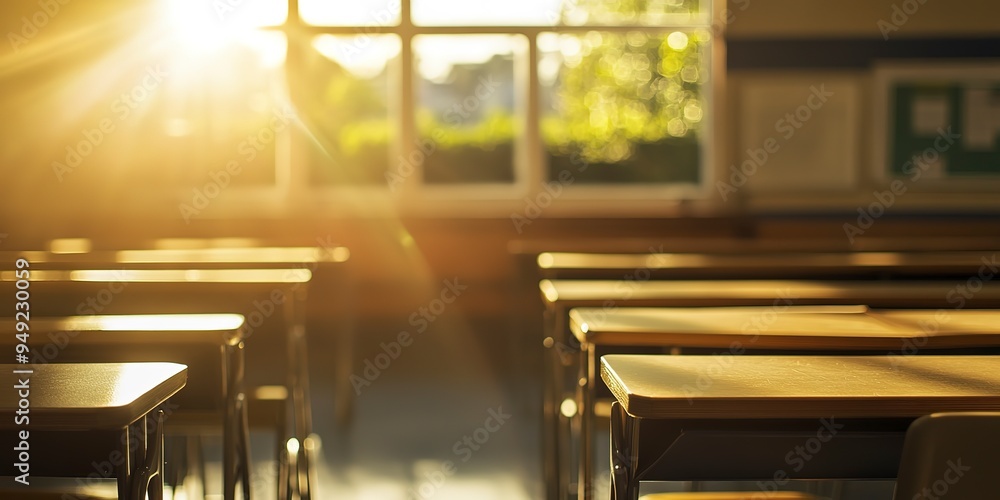 Poster a classroom setting with a blurred background and an empty student desk arrangement
