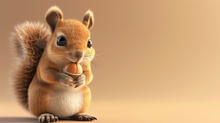 A cute cartoon squirrel is sitting on a brown background and holding a nut.