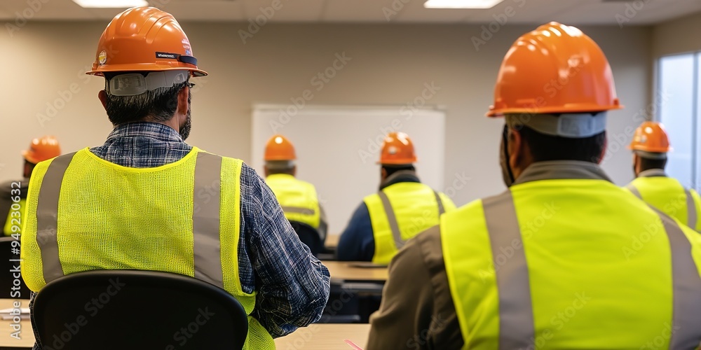 Poster construction workers in safety gear attending a training session in a classroom setting, focusing on