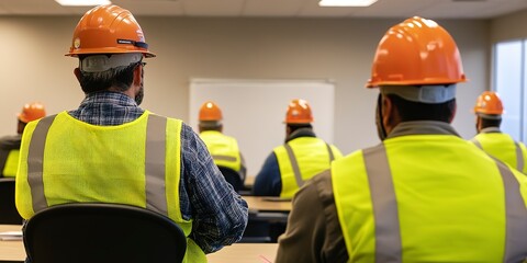 Construction workers in safety gear attending a training session in a classroom setting, focusing on safety protocols and job skills