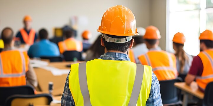 Construction workers in safety gear attending a training session in a classroom setting, focusing on safety protocols and job skills.