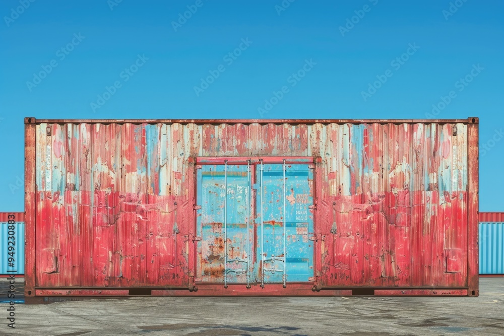 Poster a single red shipping container sitting on a parking lot, with no other objects or people in sight
