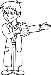 Doctor recibiendo a un paciente con una sonrisa, ilustracion vectorial sin color.