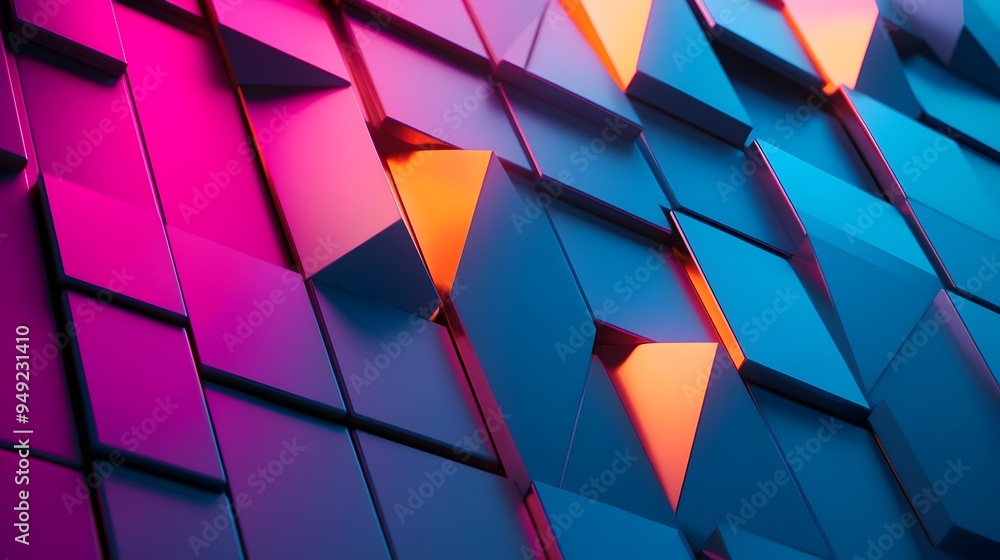 Poster glowing geometric patterns on a futuristic building facade with sleek angular architecture and lumin
