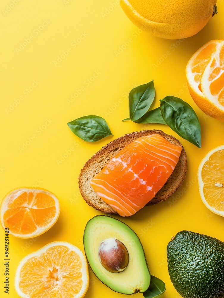Poster enjoy a healthy breakfast featuring avocado toast topped with salmon, accompanied by fresh citrus fr