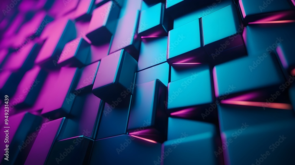 Poster glowing geometric patterns adorn futuristic building facade with sleek angular architecture and lumi