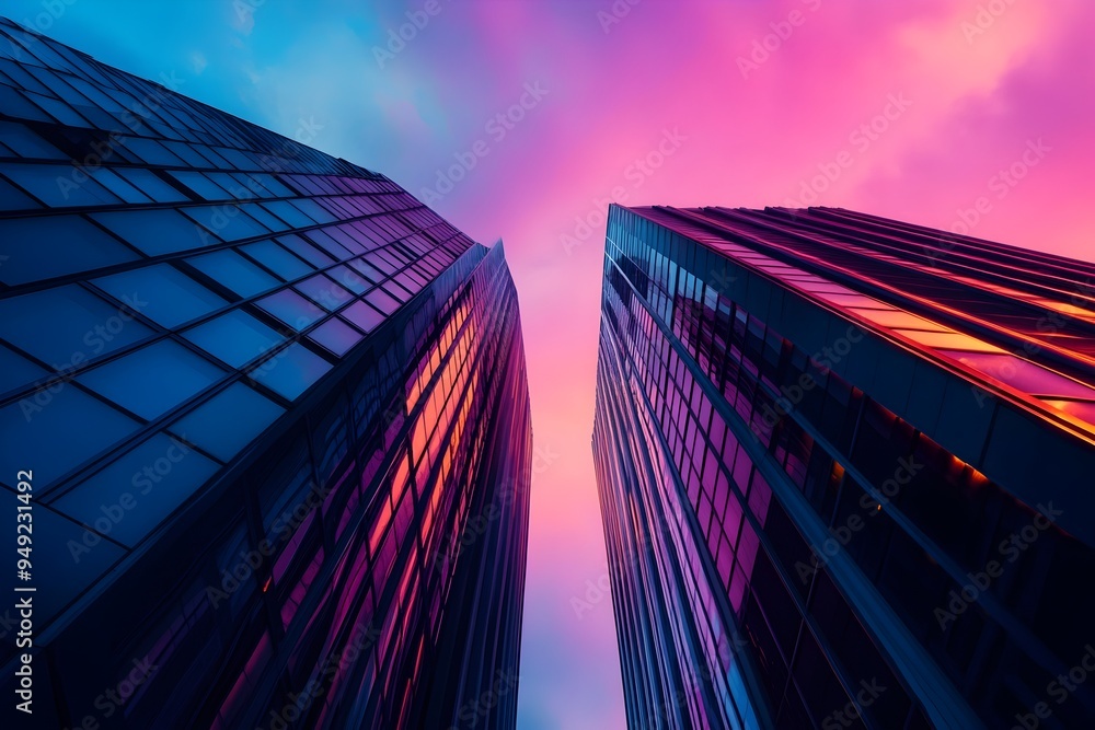 Poster radiant neon infused geometric patterns illuminating towering modern skyscraper architecture