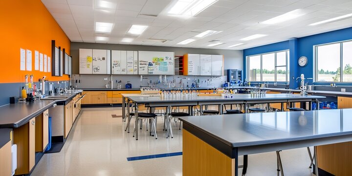 A middle school science classroom with lab stations and a safety shower. 