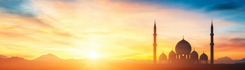 Obraz premium Stunning sunset view over a mosque silhouette, illuminating the sky with vibrant colors and showcasing architectural beauty.