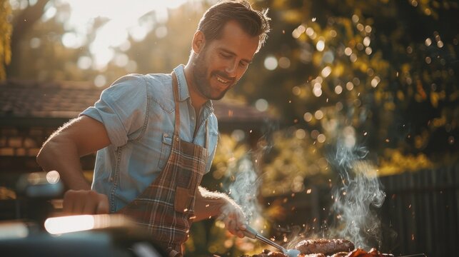 A bearded man is griling a barbecue at outdoors
