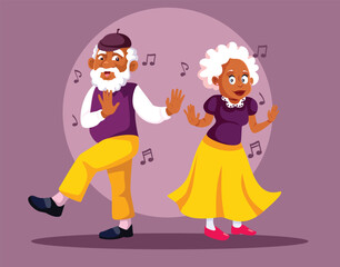 Senior Couple of African Ethnicity Dancing Vector Cartoon Illustration. Grandma and grandpa having fun together celebrating their anniversary
