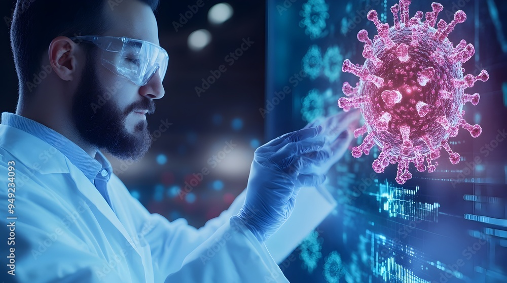 Poster scientist in lab coat touching digital screen with and virus data modeling