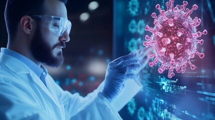 Scientist in Lab Coat Touching Digital Screen with and Virus Data Modeling