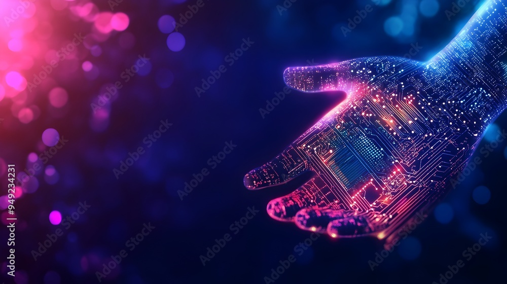 Aufkleber digital hand holding futuristic computer chip with glowing network connections and abstract shapes