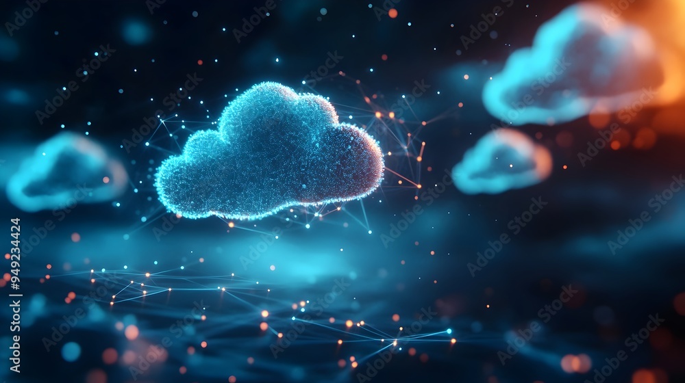 Poster futuristic digital of global network and data flow with floating clouds and neon lighting effects