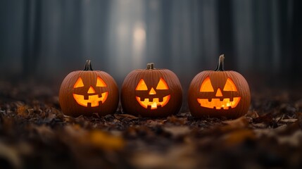 Three glowing jack-o'-lanterns sit on fallen leaves, creating a spooky yet festive atmosphere in a misty forest for Halloween.