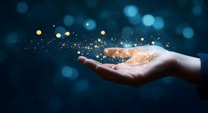 Glowing Digital Data in Open Hand Advanced Technology Concept