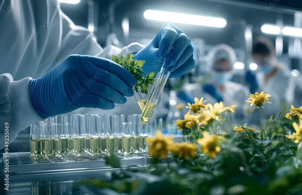 Poster scientist conducts botanical experiments in professional laboratory setting
