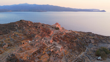 greece peloponnese historical peninsula monemvasia aerial view with sunrise and sunset lights