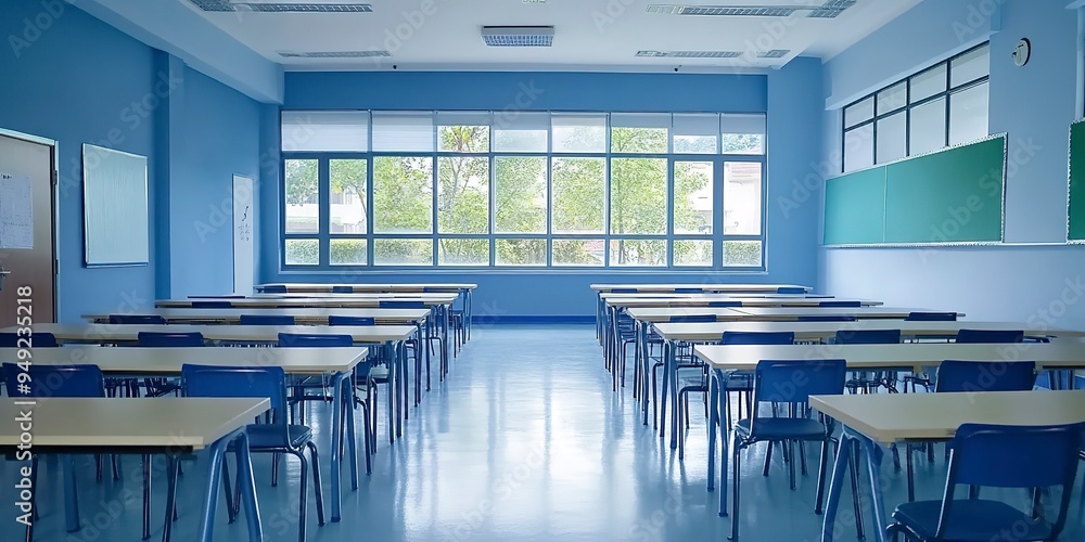 Poster shot of empty modern classroom ready for students to learn in it, back to school concept