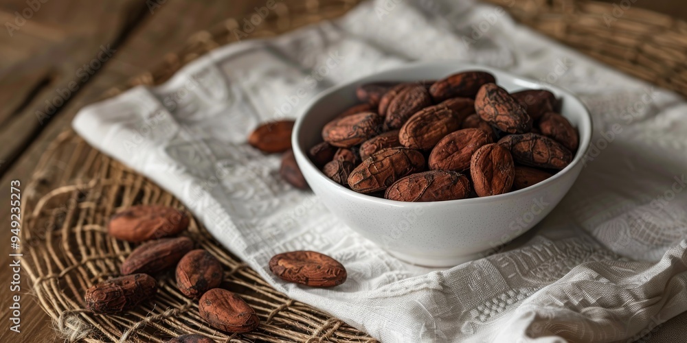 Poster cocoa beans displayed on a paper towel next to a white bowl on a table