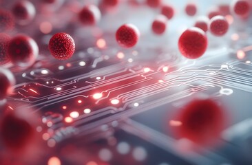 Red Cancer Cells and Electronic Circuits Forming Futuristic 3D Composition with Glass Balls