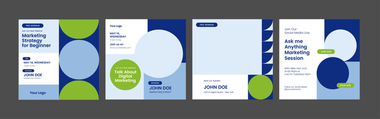 instagram webinar conference social media template slider carousel post banner poster web summit seminar online business flat blue green color background minimal design square size poster templates © angutyo
