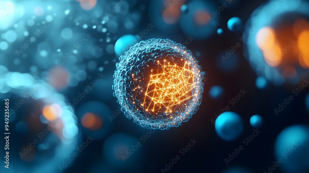 Poster sii style geometric virus with visible data patterns and molecular interactions