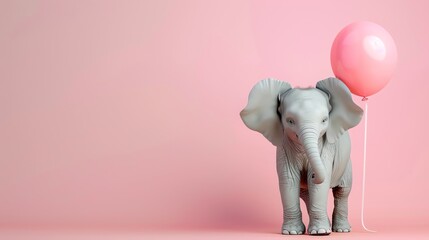 A cute cartoon elephant with a pink balloon on a pink background.