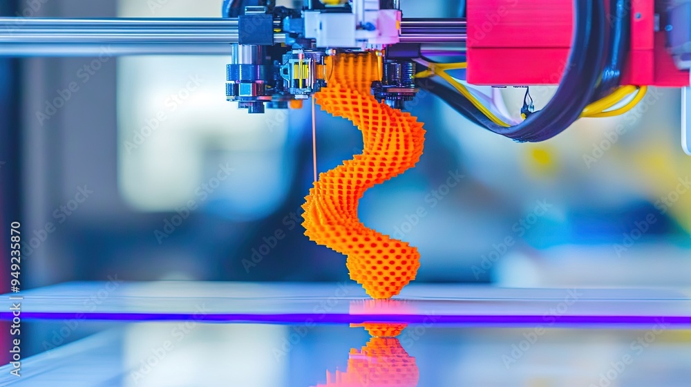 Poster 3d printer in action, layer by layer print visible, office lighting