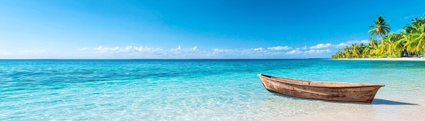 Tranquil beach scene featuring a wooden boat, turquoise water, and lush palm trees under a clear blue sky.