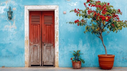 Fototapeta premium Rustic wooden door and potted plants against blue wall