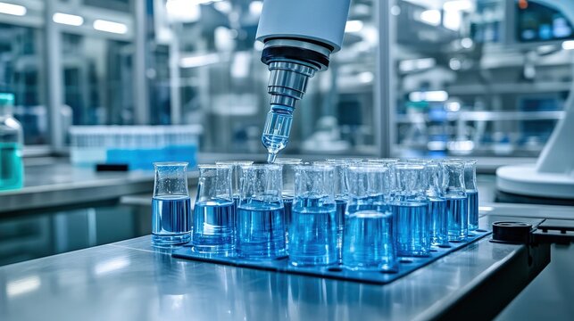 Automated liquid handling system, robotic arm in motion, biotech research