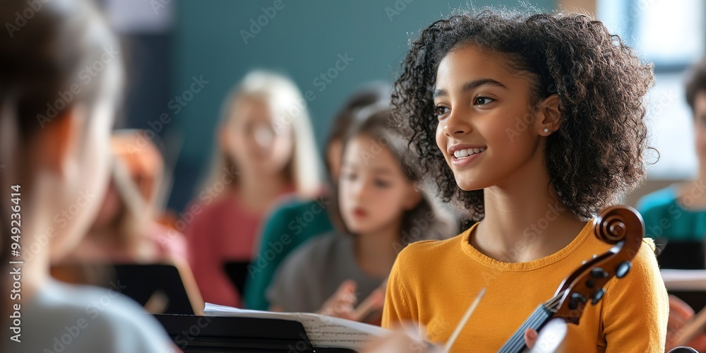 Wall mural A vibrant music class where students are playing instruments, singing, and learning about music theory, with sheet music, instruments, and an engaging instructor, emphasizing the joy of musical 