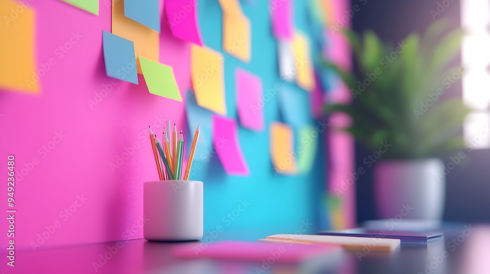 Poster colorful digital wireframe pinboard with creative team brainstorming in modernist open workspace