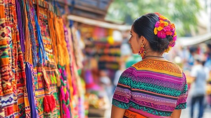 Fototapeta premium Woman in vibrant traditional clothing at colorful market stall