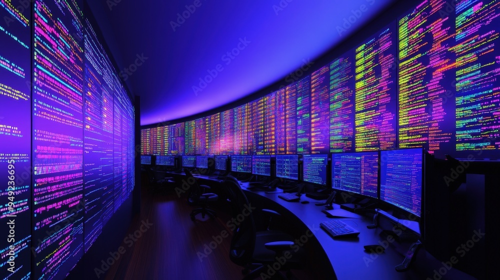 Poster biotech lab with advanced computer systems, dna sequences displayed on screens