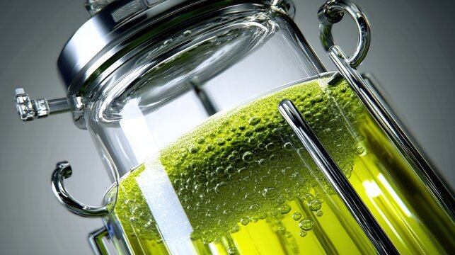 Bioreactor with green algae, bubbling liquid, sustainable biotech research lab