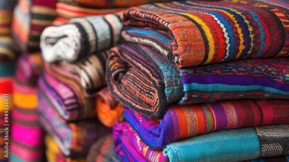 Poster colorful woven textiles with intricate patterns, folded in layers