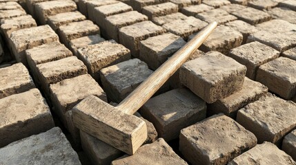 Brick hammer, laid on a stack of bricks, rough texture, natural light