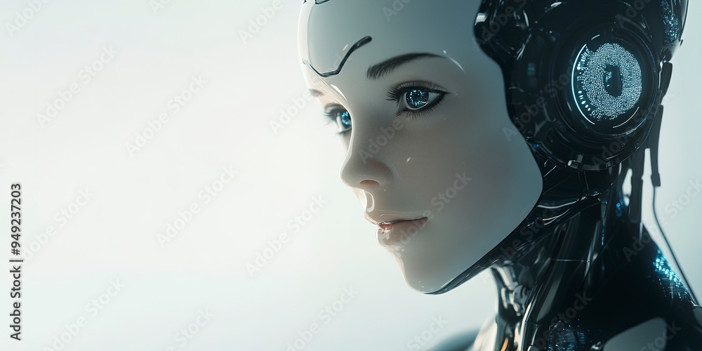 Poster 3d rendering of a humanoid robot, ai research concept. development of technologies, digital data min