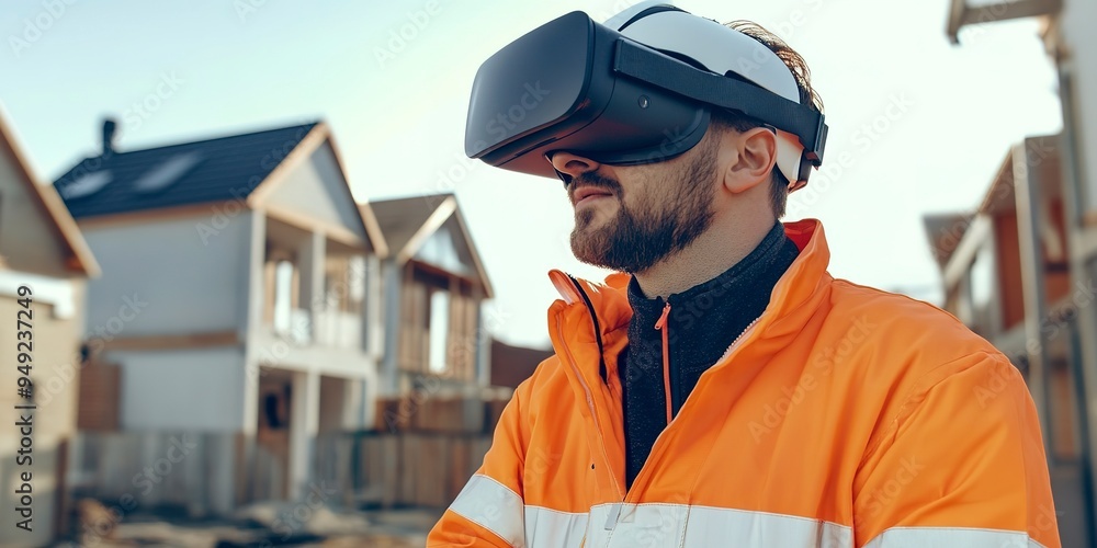 Poster Construction professional uses virtual reality for safety training, simulating hazardous workplace scenarios.