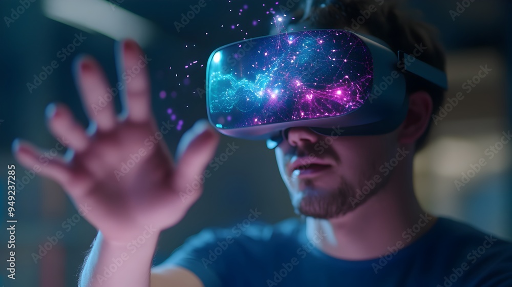 Poster vr headset user exploring immersive 3d web interface with futuristic digital technology