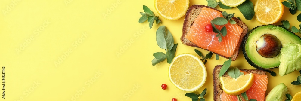 Aufkleber Start the day right with a healthy breakfast featuring avocado toast topped with salmon and fresh citrus slices on a bright yellow surface. Generative AI