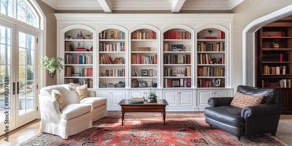 Poster a beautifully designed home library featuring three sections of well-organized, color-coded bookshel