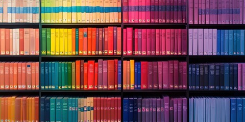 Obraz premium Colorful, gradient bookshelves filled with books, creating a rainbow effect in this vibrant library image. Ideal for education and reading themes. 