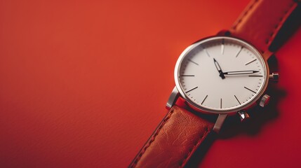 A close up of a wristwatch with a brown leather strap, on a red background.